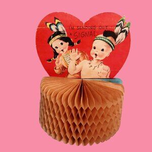 Vintage Valentine Honeycomb Card Standing Paper Puff Native American